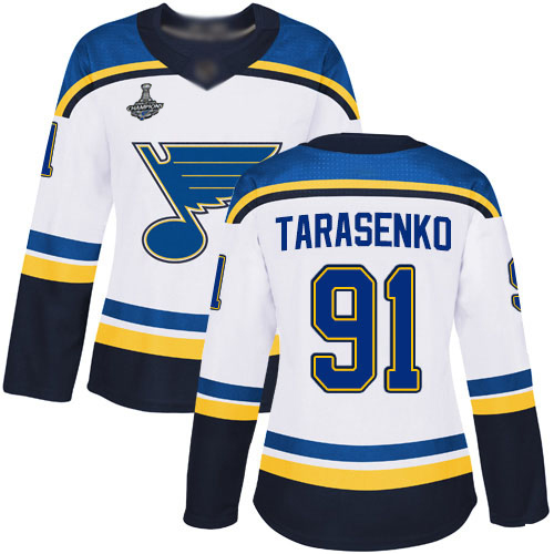 Adidas Blues #91 Vladimir Tarasenko White Road Authentic Stanley Cup Champions Women's Stitched NHL Jersey